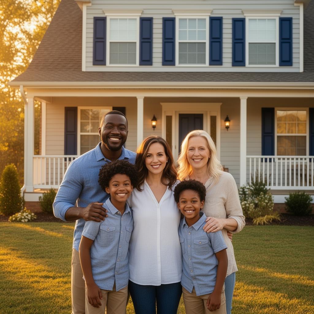 Happy family in front of their home